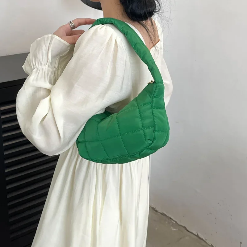 Puffer Quilted Shoulder Bag Plaid Embroidery Underarm Tote Purse Retro Padded Hobo Handbag for Women Daily Use Work Travel Party