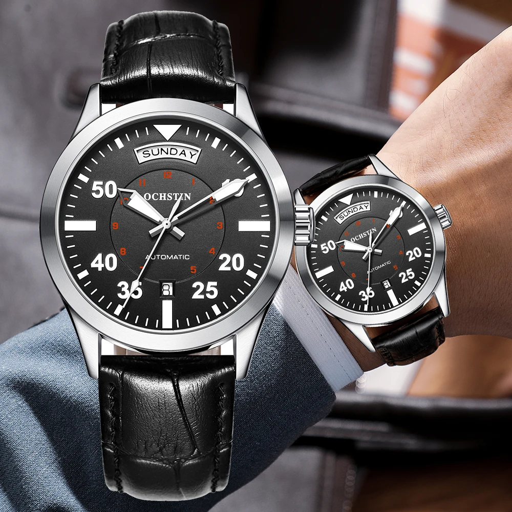 

Часы мужские механические, серебристые, с кожаным ремешком