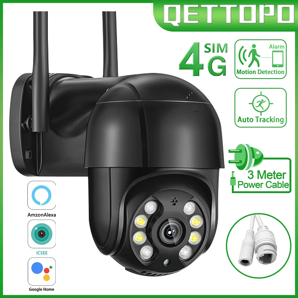 

Qettopo 4K 8MP 4G SIM Surveillacne Camera AI Human Tracking WIFI IP Camera Outdoor Color Night Vision PTZ Camera iCSee Alexa