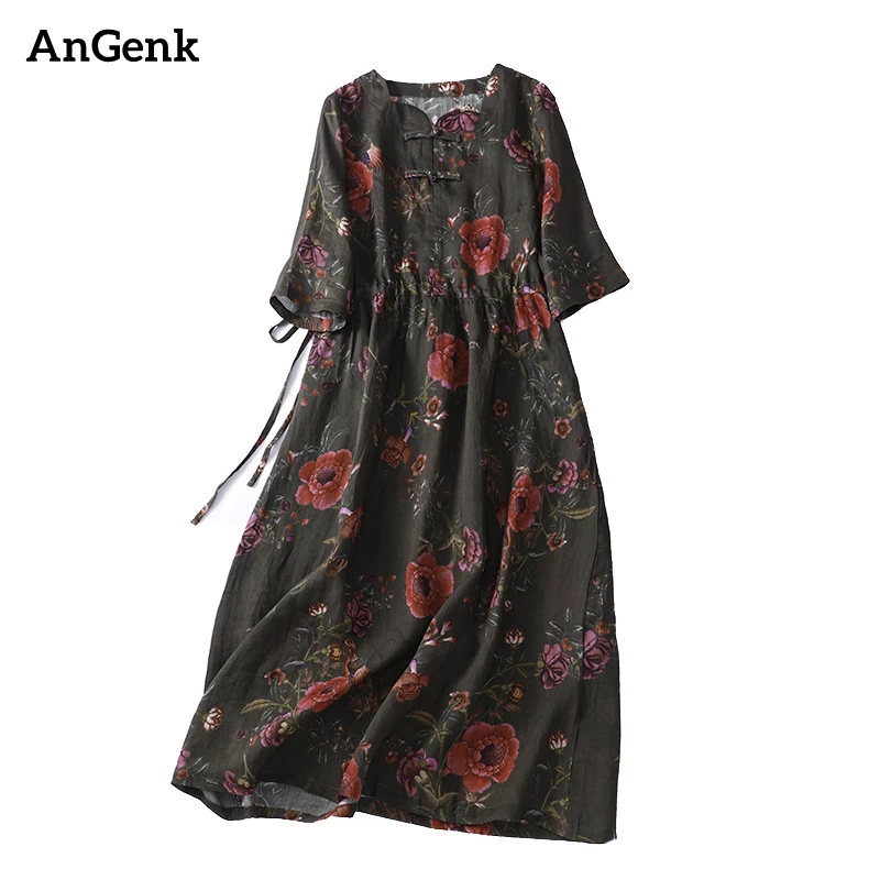 

Cotton Short Sleeve Print Floral Vintage Dresses For Women 2023 Summer Casual Long Dress Office Lady Work Femme Elegant Clothing