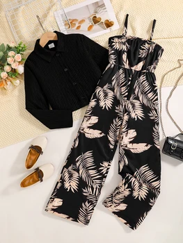 2-piece Spring and Autumn girls fashion floral suit black casual lapel long-sleeved shirt + printed halter straight trouser suit 1