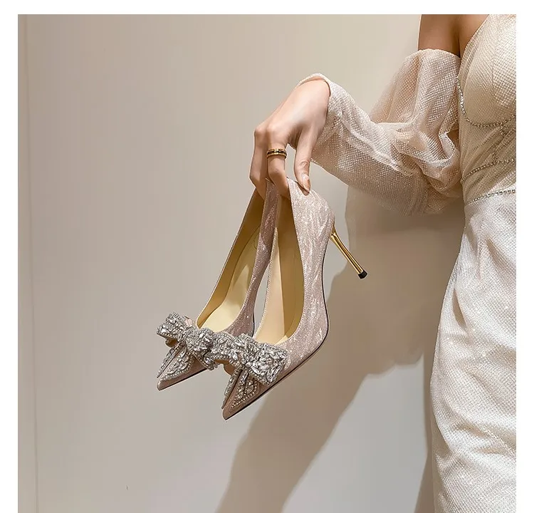 French Wedding Shoes Women New Wedding Bridal Shoes Golden High Heels Bow  Stiletto Bridesmaid Crystal Shoes Fashion All-match - AliExpress