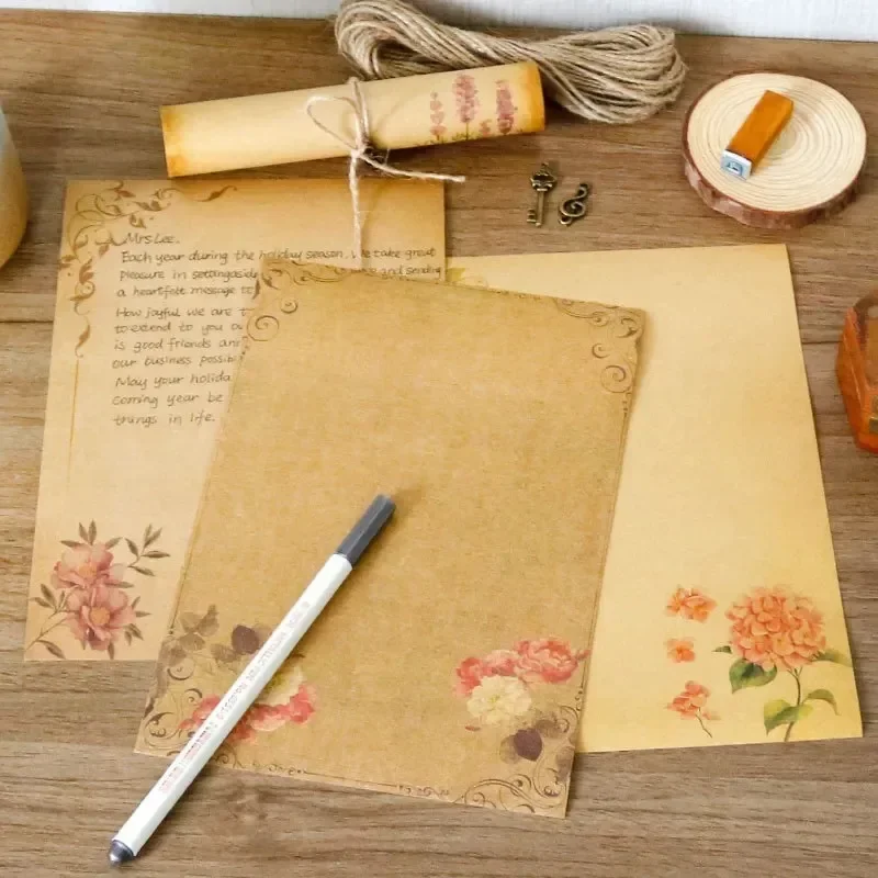 

8Pcs Set Vintage Flower Design Kraft Brown Letter Paper Letterhead Writing Pad Drawing Sketch Stationery School Supplies