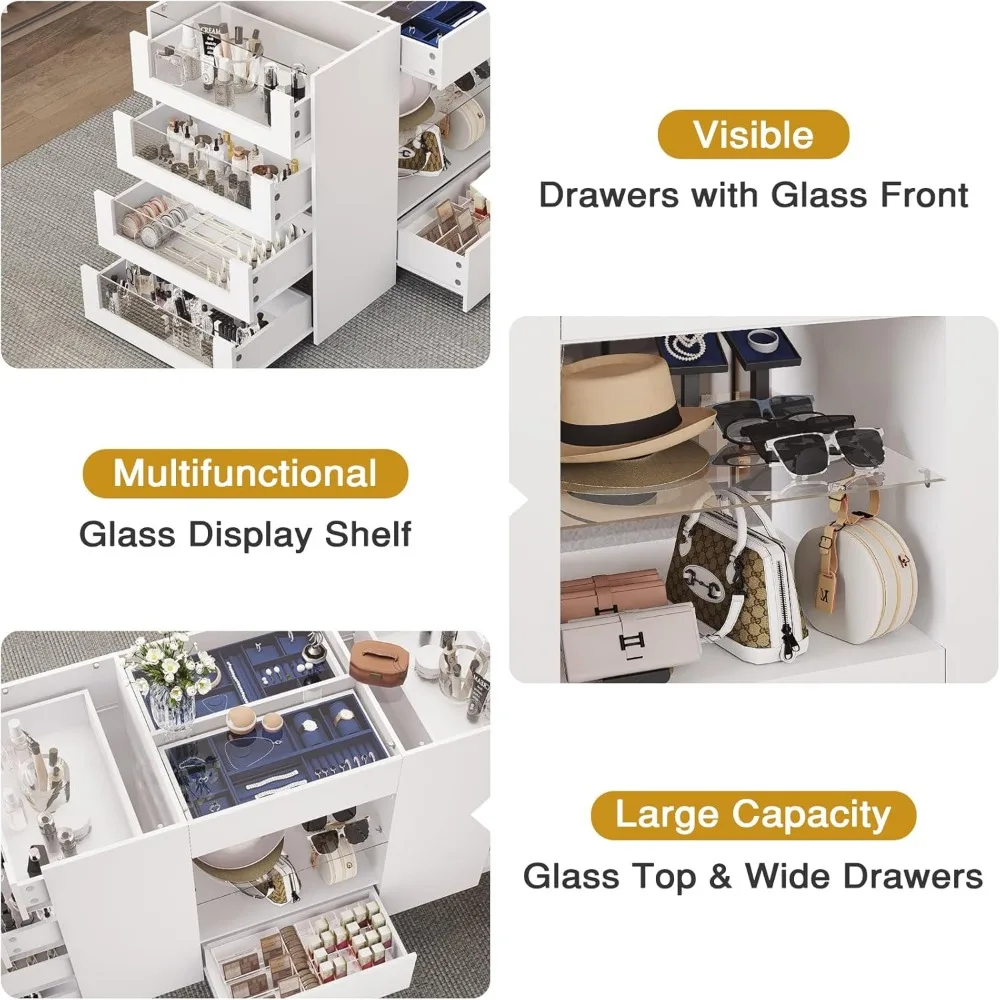 Closet Island with Drawers, Wardrobe Armoire Bedroom Island, Glass Display Shelf & 12 Drawers, White Dresser with Glass Top, Wal 6