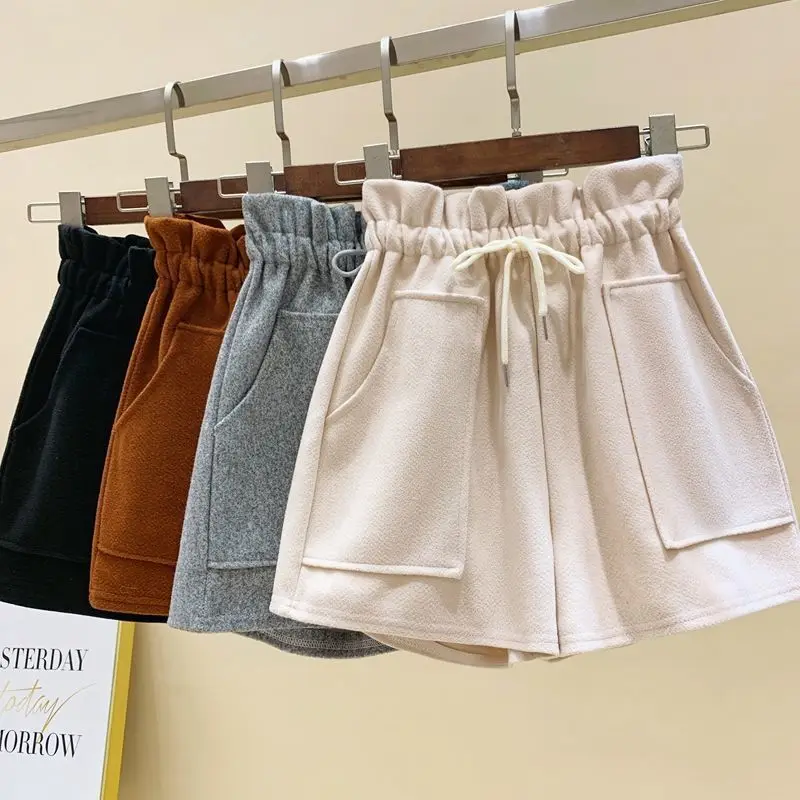 High Waist Plus Size Wide Leg Shorts Autumn Winter New Solid Color Drawstring All-match Shorts Casual Fashion Women Clothing