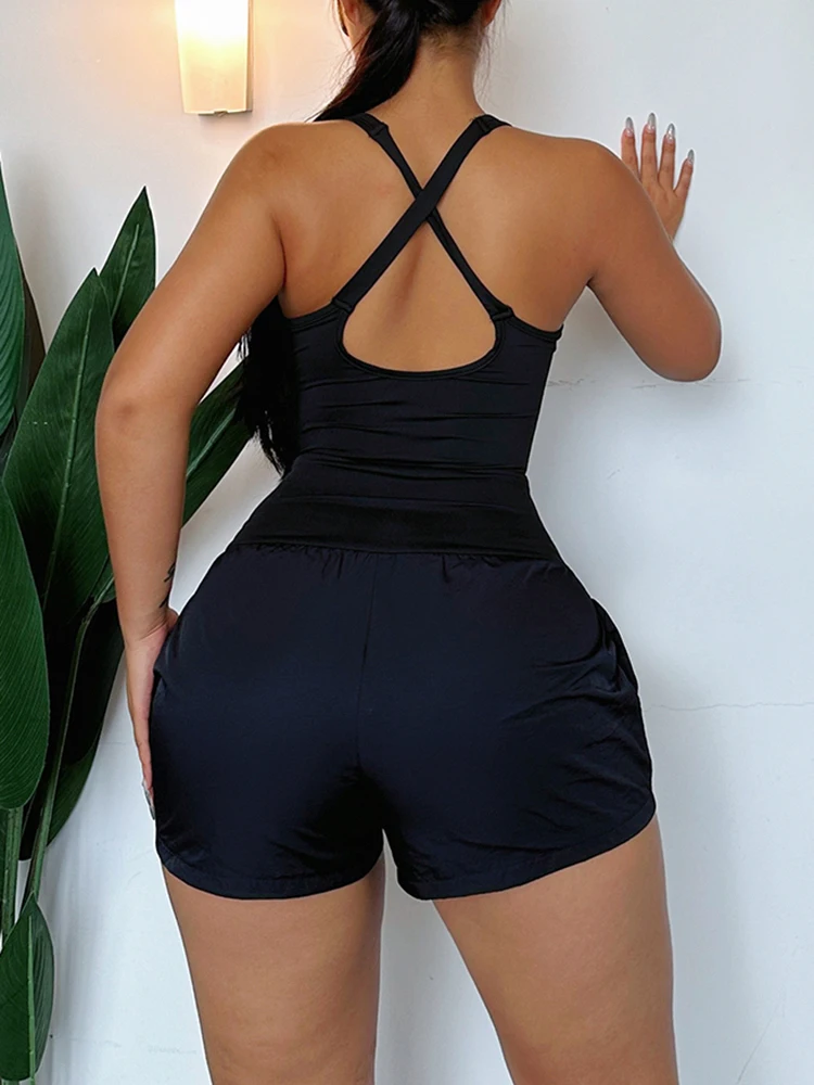 IAMSURE Sporty Activewear Basic Solid Hollow Out Playsuits Sexy Slim O-Neck Backless Rompers Women 20233 Summer Fashion Ladies
