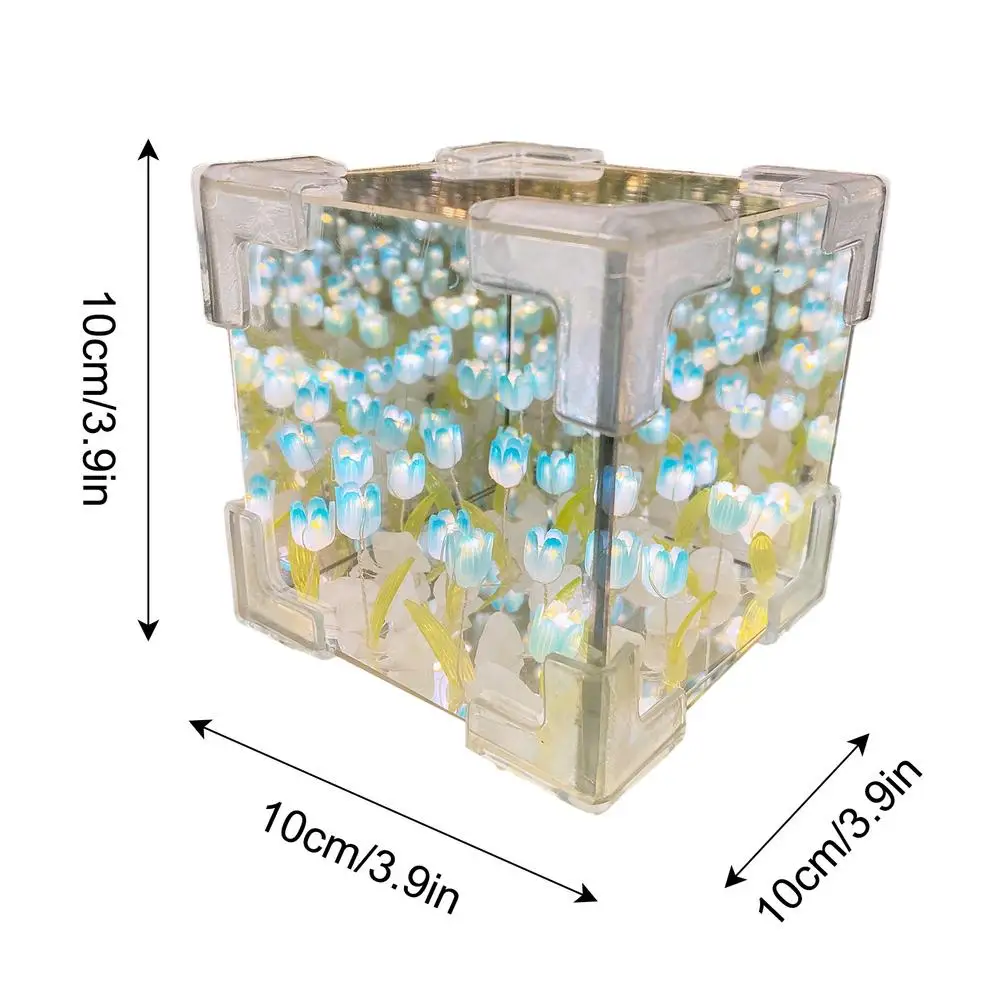 Cube Tulip Flower Sea Night Light DIY Tulip Mirror Light Bedroom Atmosphere Decoration Bedside Lamp Girls Mother's Day Gift