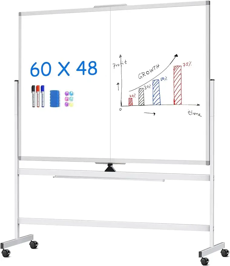 

maxtek Large Rolling Whiteboard 60 x 48, Magnetic Stand Whiteboard on Wheels, Reversible Double Sided Mobile Dry Erase Board