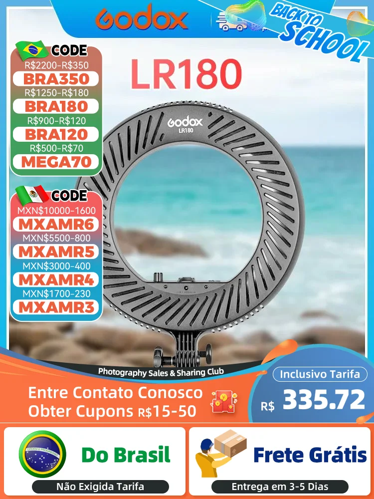 Godox LR180 Ring LED Video Light Cold Color Temperature with White Light-passing Board Phone Holder CRI 92 TLCI 97 27W