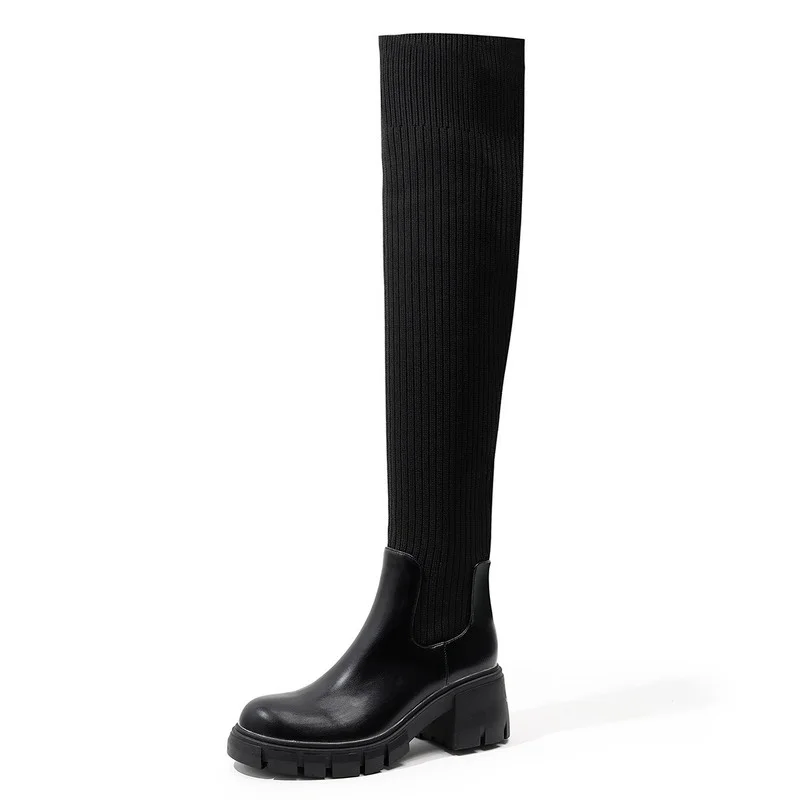 2022 NEW Women's British Style Thick-heeled Thick-soled Boots Woolen Mouth Elastic Over-the-knee Women's Boots Thigh High Boots