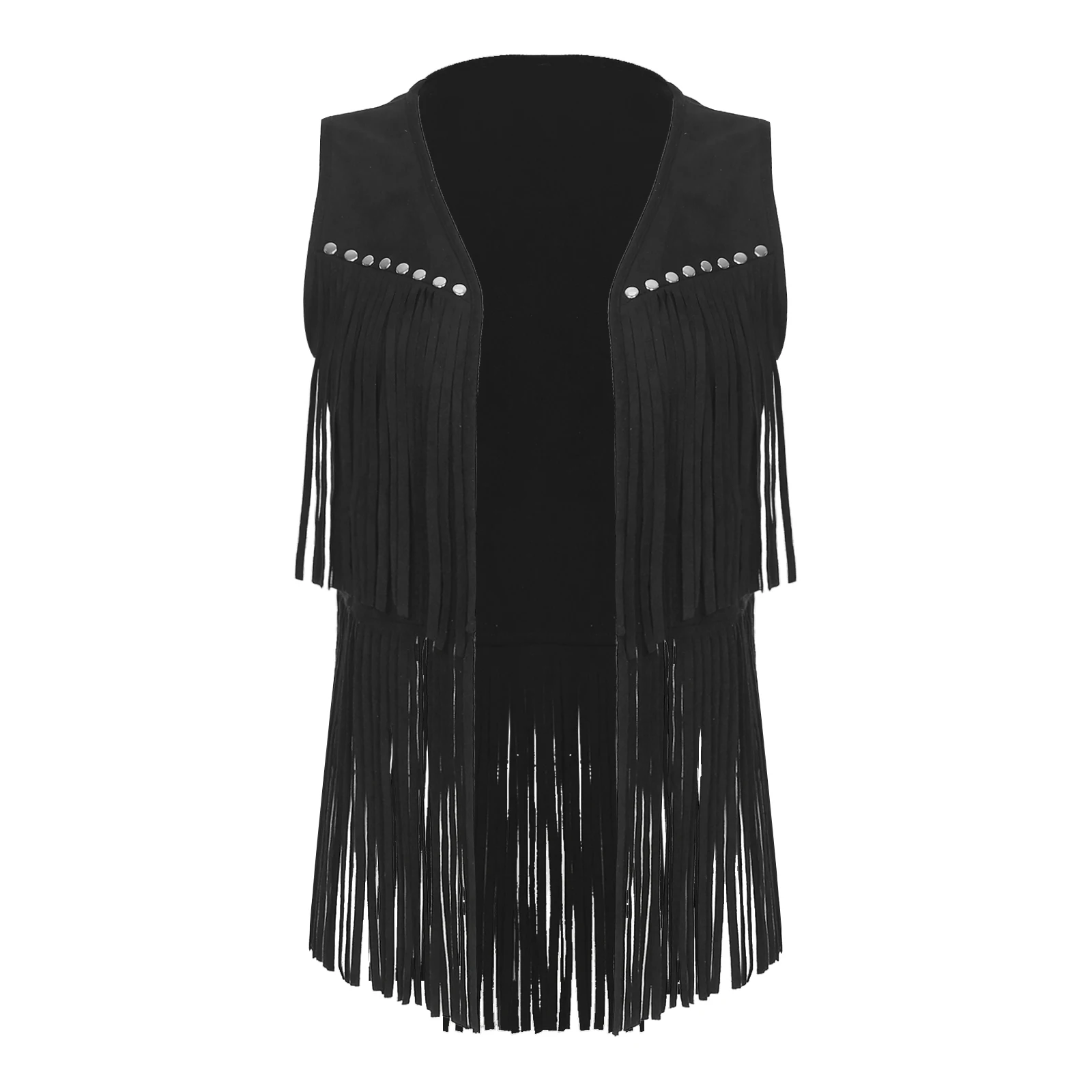 Women Retro Faux Suede Tassel Vest Rivets Fringe Waistcoat Open Front Sleeveless Jacket Fashion Grunge Rock Performance Tops