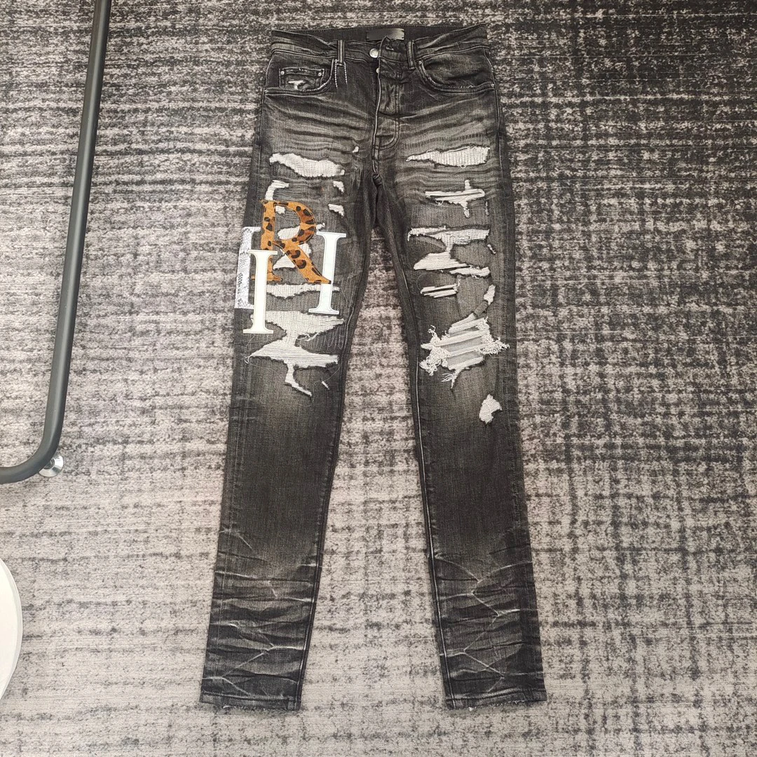 

Tide Brand Washed Letter splicing Embroidery Broken Hole Slimming Skinny Jeans Man High Street