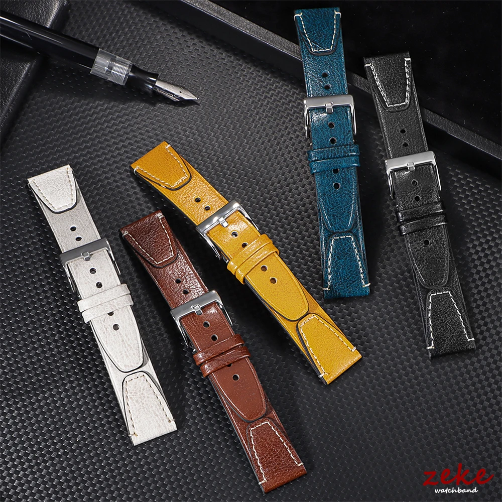 Vintage Oil Wax Leather Watchband with Stitching in Brown