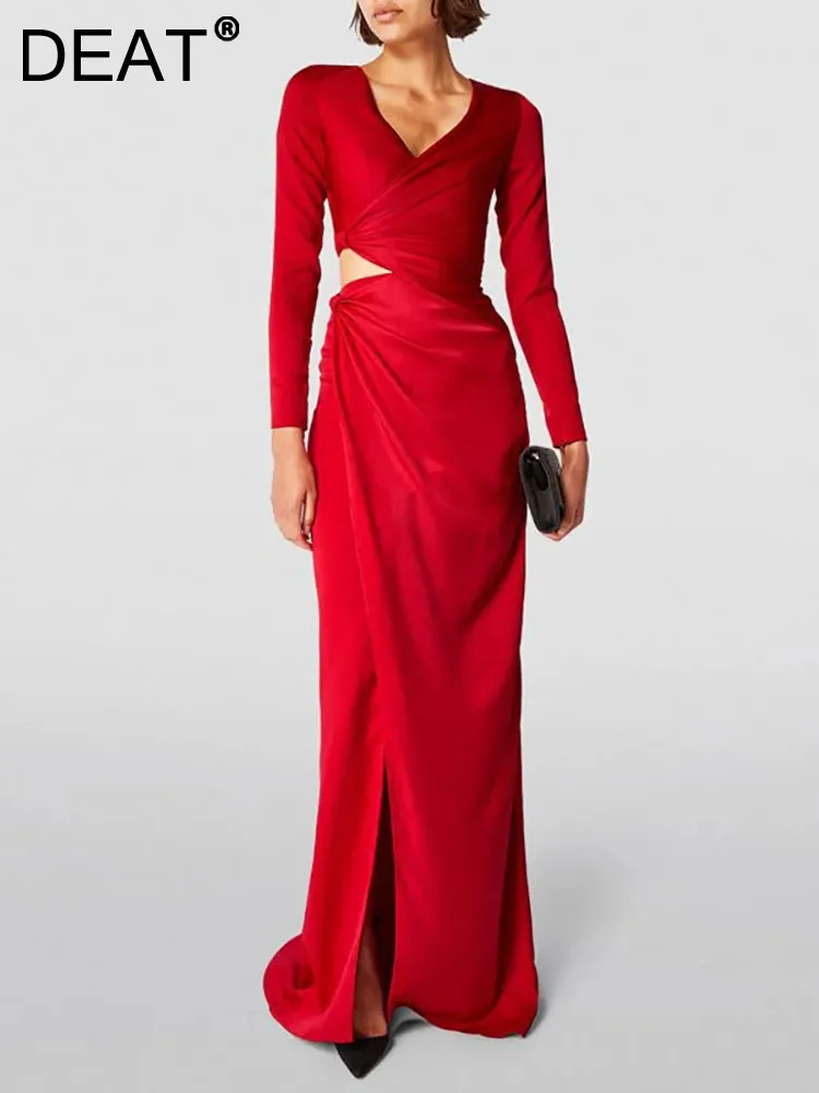

DEAT Elegant Dress Cross Neck Off Waist High Split Wrap Hips Women Customized Evening Dress 2024 Spring New Fashion 13DB3637