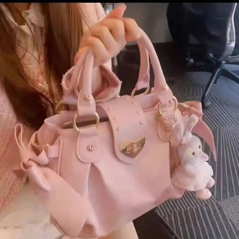 รูปสินค้า Harajuku โบว์สีชมพูกระเป๋าผู้หญิงสไตล์ญี่ปุ่นสบายๆ Crossbody กระเป๋าสุภาพสตรีหวานน่ารักขนาดใหญ่ความจุไหล่กระเป๋า