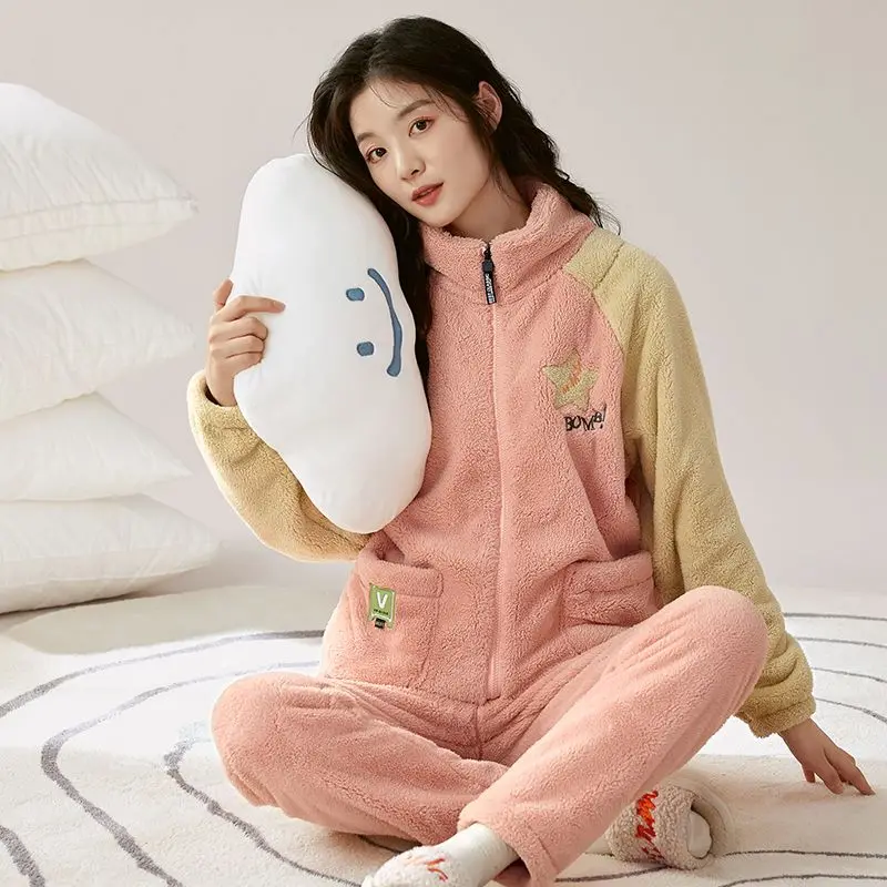 Women Coral Velvet Pajamas Winter Thermal Thickened Fleece Flannel Homewear Suit Female Stand-up Collar Casual Nightclothes Sets