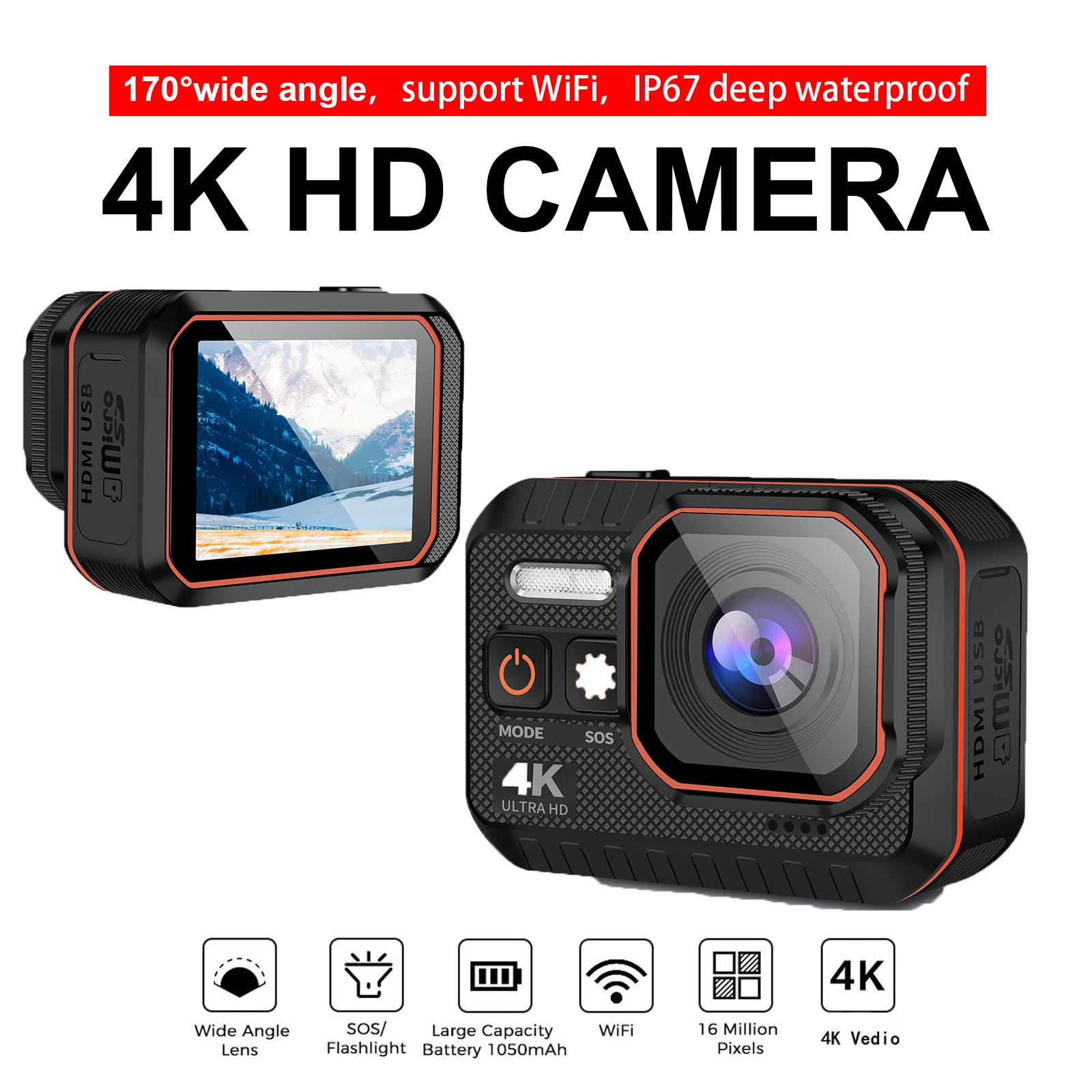 리모컨 스크린 방수 스포츠 카메라, 4K HD 드라이브 녹음기, 4K 스포츠 카메라 헬멧 액션 캠, 신제품