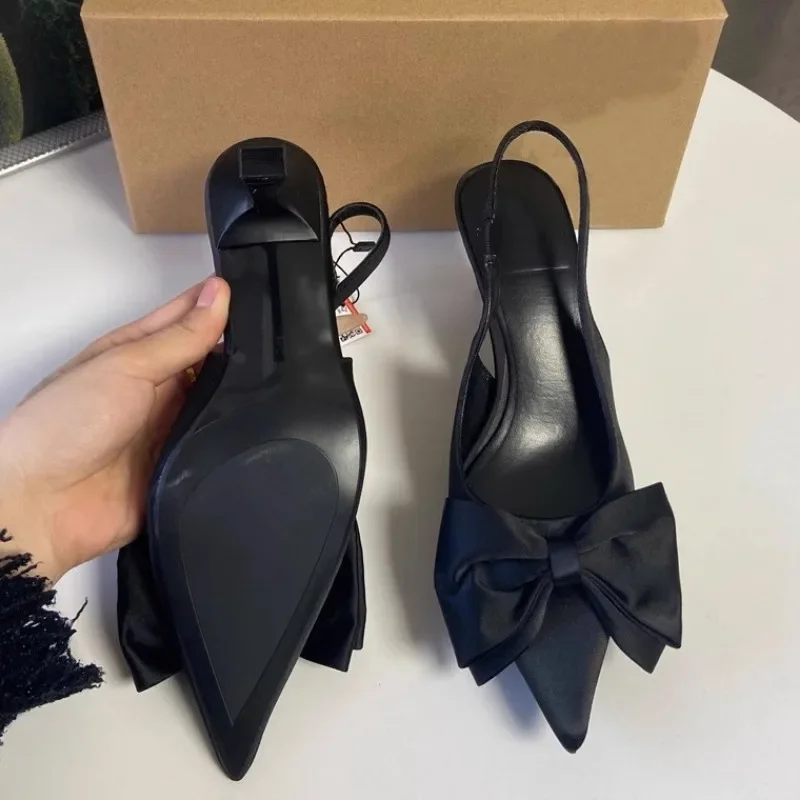 Elegant High Heels Women's Shoes Summer Black Shallow Mouth Pointed Toe Bow Slingbacks Luxury Party Office Lady Sandals