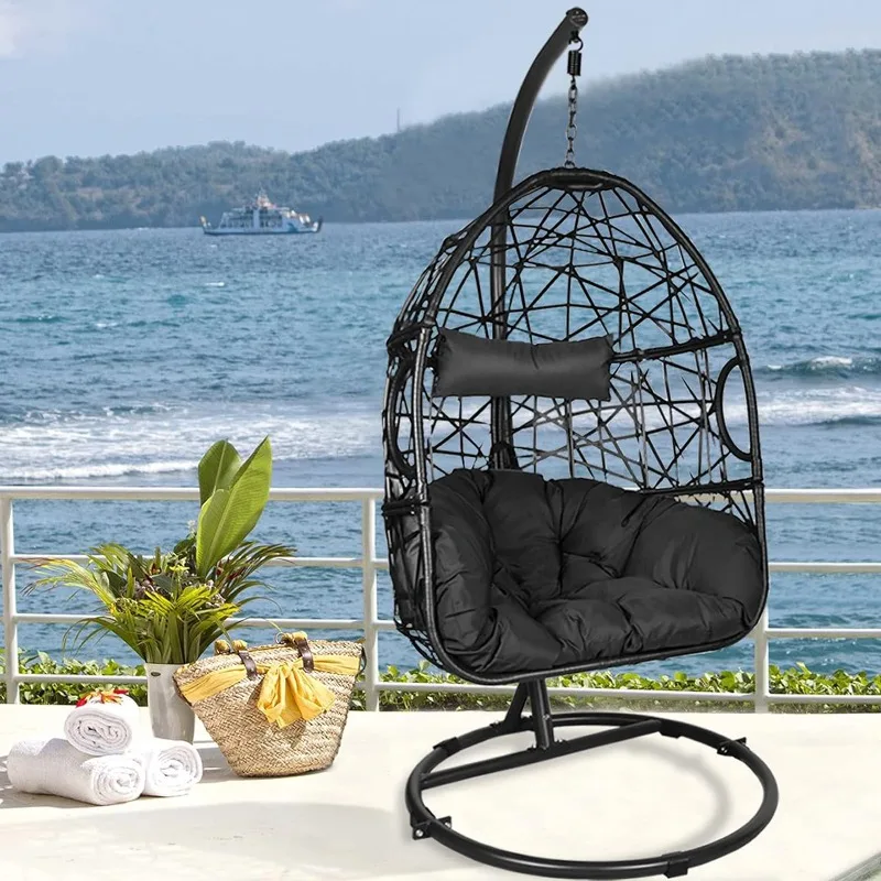 

Egg Chair with Stand Outdoor Patio Swing Wicker Hanging Chair Swing Chair with UV Resistant Tufted Cushion Indoor Hammock