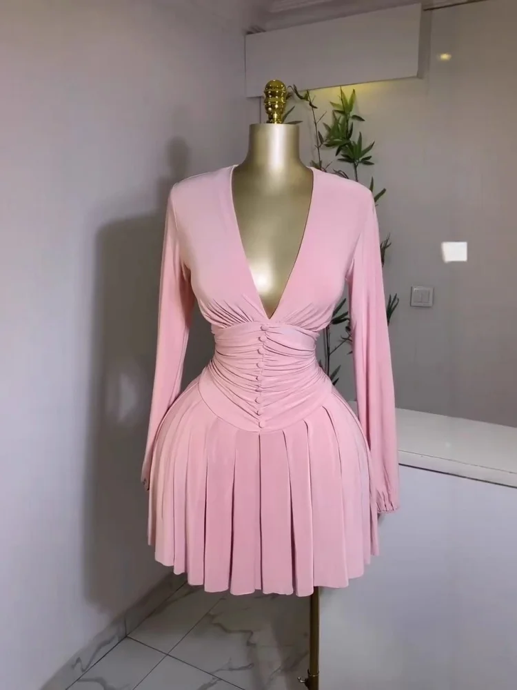 Wmstar Dresses Women Wholesale Solid Women's Pleated Deep V Neck Long Sleeved Dress with A New Style Skirt Women Clothing