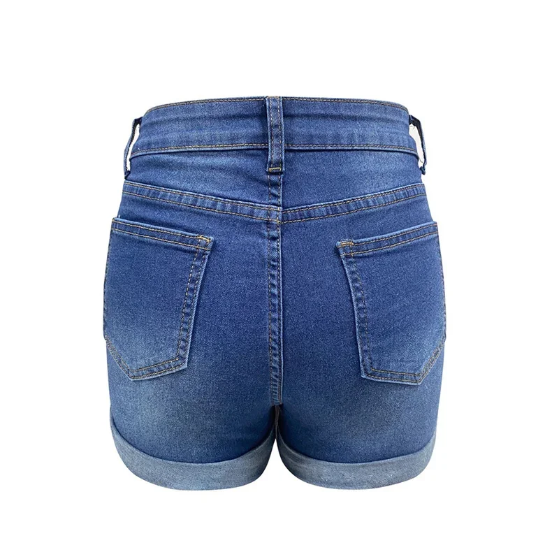 Fashion Folded Trouser Legs Denim Shorts Women Trend Broken Holes Streetwear High Waist Daily Casual Female Three Quarter Pants