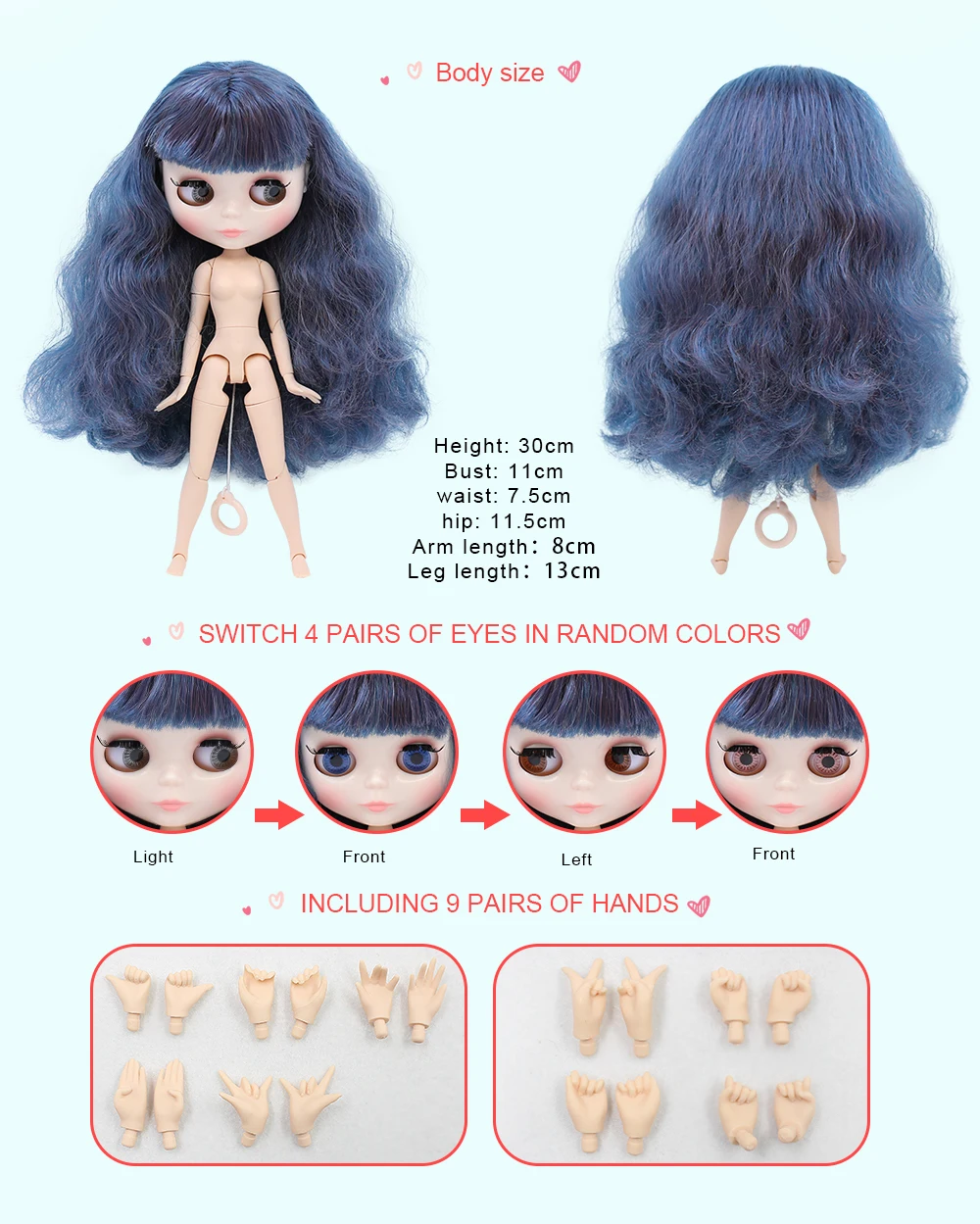 Mia – Premium Custom Neo Blythe Doll with Blue Hair, White Skin & Shiny Cute Face 1