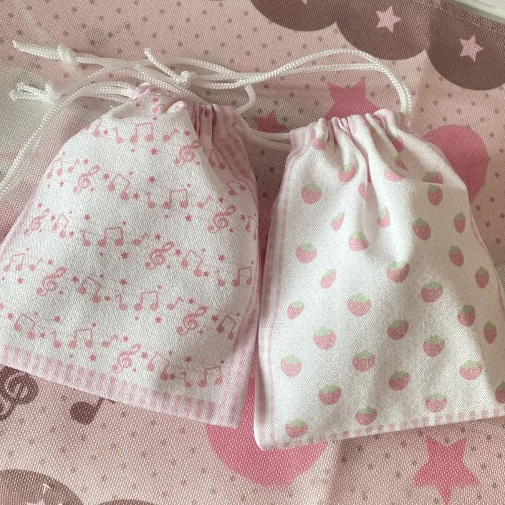 Canvas Strawberry Musical Note Drawstring Bag for Storage
