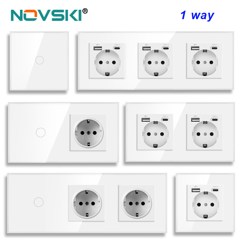  NOVSKI1/2/3Gang Touch Light Switch 1Way Simple Sensor Switch Type-c USB Sockets EU Standard Glass Panel Blue Backlight 10A White 