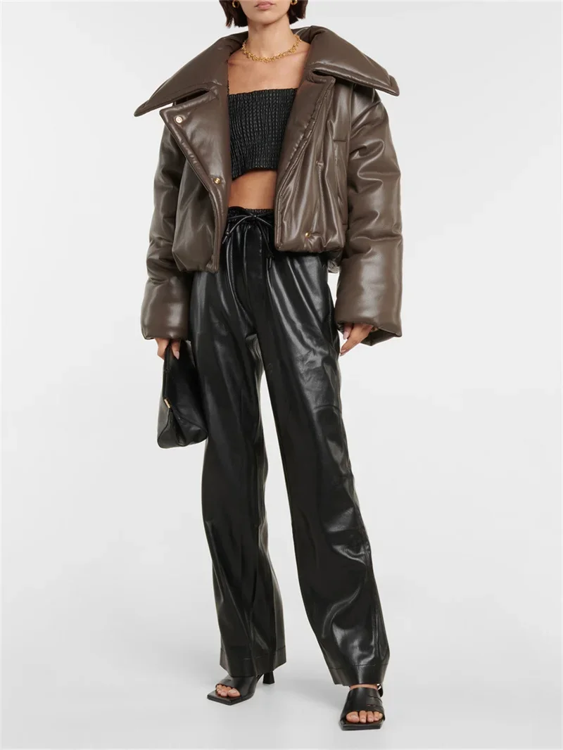 

Straight Pants for Ladies 2023 New Leather Elastic Waist Drawstring All-Match Loose Casual Wide Leg Trousers