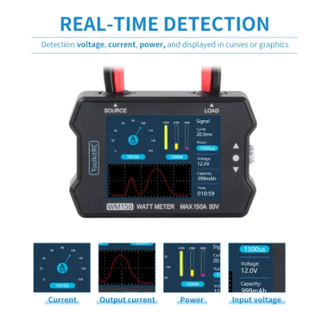 ToolkitRC FPV 드론용 PWM 출력 계량기 전력 분석기, LCD 디스플레이, 전력 전압 전류 테스터, WM150, 150A, 50V 와트