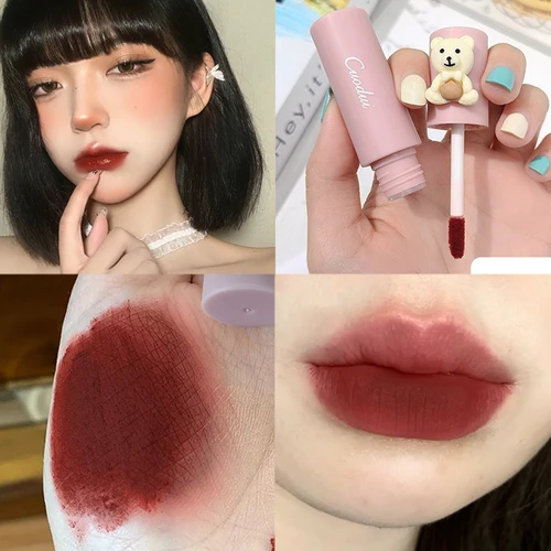 매트 립 글로스 방수 지속, 귀여운 곰 레드 벨벳 리퀴드 립스틱 논스틱 컵 립 틴트 머드 메이크업 화장품, 4 가지 색상 2