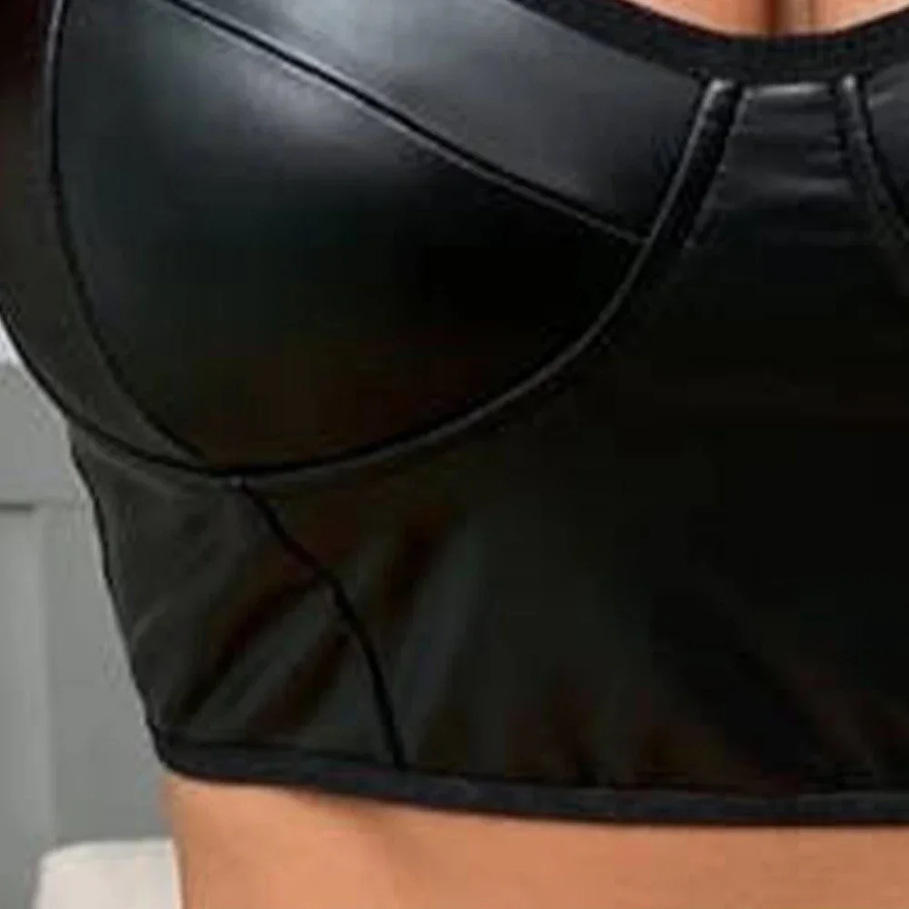 Vest Womens Tops Patent Leather S-XL Sexy Shoulder Slimming Strap Stretch V Neck Wet Look Black Bra Fashionable