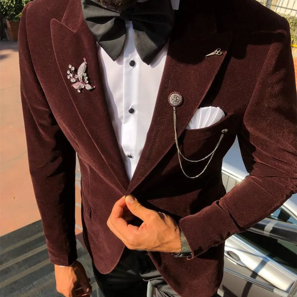 Men's Burgundy Velvet Prom Costume, Tuxedo, Groom Slim Fit, Terno Masculino Blazer, Wedding Jacket, Black Pant, 2 Pcs
