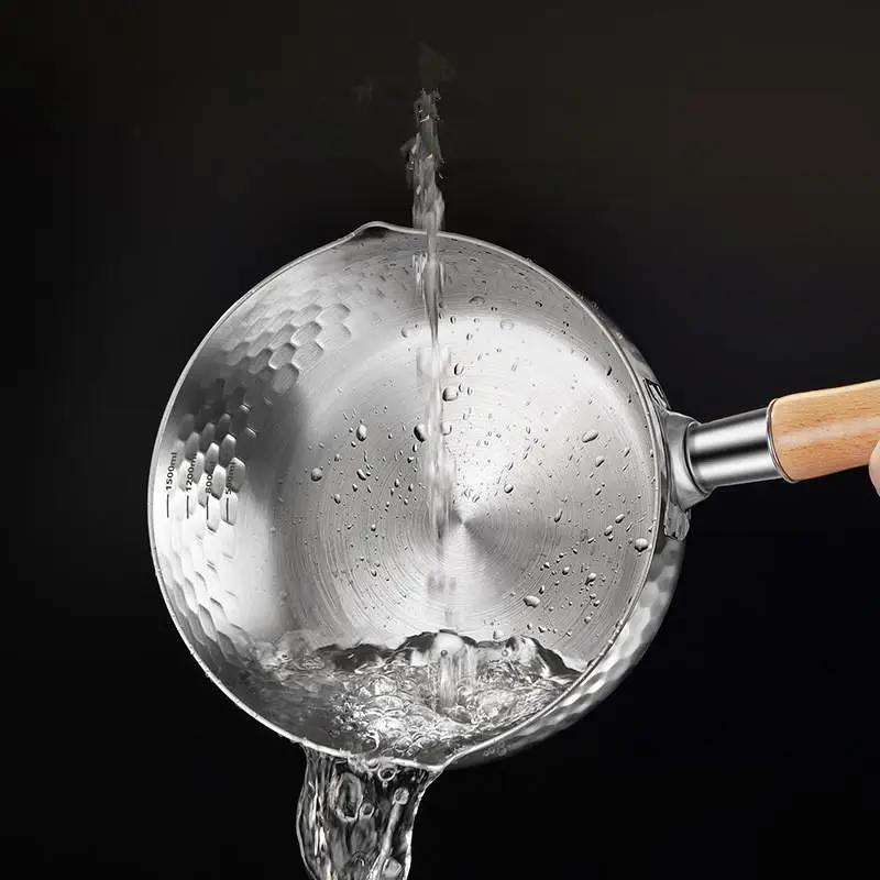 【S】Stainless Steel Soup Pot Snow Pot Flat Bottom Non-Stick Wok Solid Wood Handle With Hook Stew Pot Milk Pot Kitchen Cookware