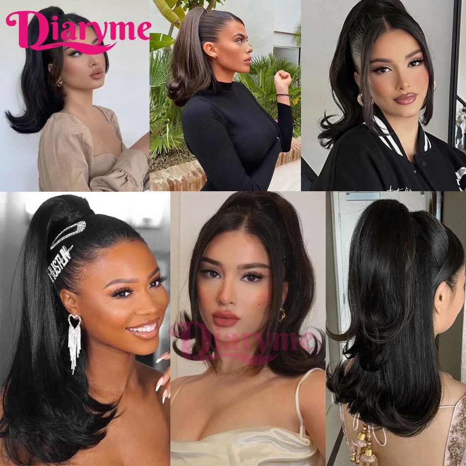 Tail Warping Synthetic 16" Kinky Straight Hairpiece With Two Combs Drawstring Ponytail Hair Extension Natural Black Clip-in pony