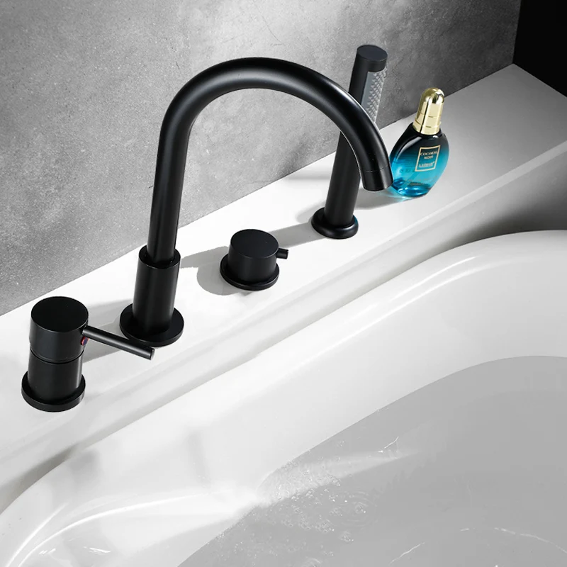 4Piece Set Black Bathroom Dual Handle Bath Faucet Deck Mounted Handheld Tub Mixer Cold Hot Water Tap With Hand Shower 3