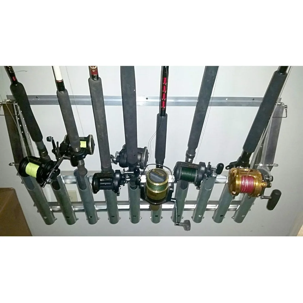 VFR004 10 Rod Wall Mounted Aluminum Steel Vertical Fishing Rod and Reel Holder Rack with Adjustable Installation
