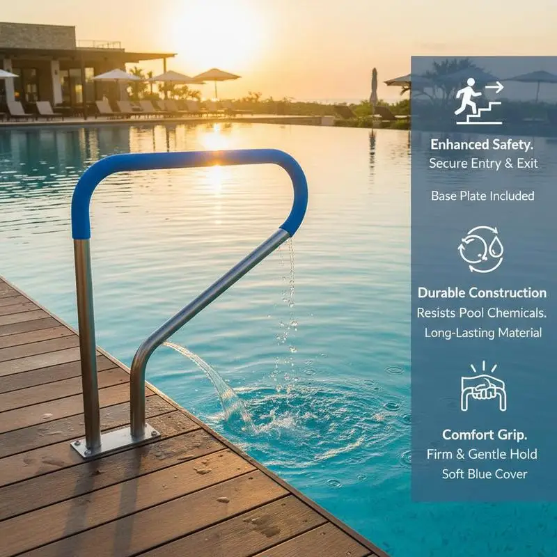 Corrimano per piscina, 990 x 100 x 812 mm, ingresso piscina, acciaio inossidabile con piastra di base per piscine interne/esterne, supporto per l'accesso alle piscine, maniglia antiruggine con coprimaniglia e accessori per spa - immagine 4