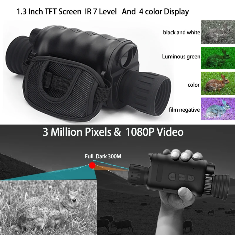 

IR Night Vision Monocular Glasses Scope 3 Million Pixels 1080P FullDark 300M/984FT 4 Color Effects Hunting Telescope Observation