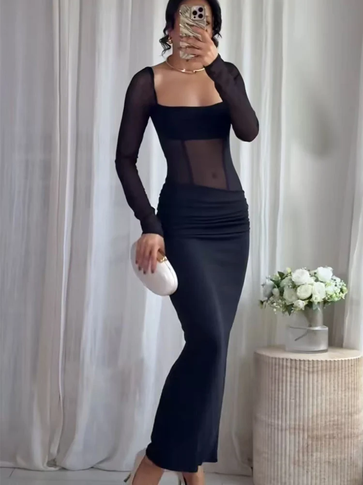 Women's Sexy Sheer Mesh Maxi Dress Chic Spliced Long Sleeve Bodycon Square Collar Dress Ladies  Party Club Pullover Dress New