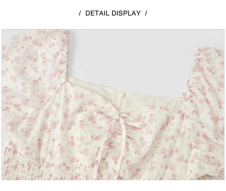 Ruffled Hem Chiffon Mini Skirt Women Floral Print Short Dress New Square Neck Waist-drawing Romantic Dress