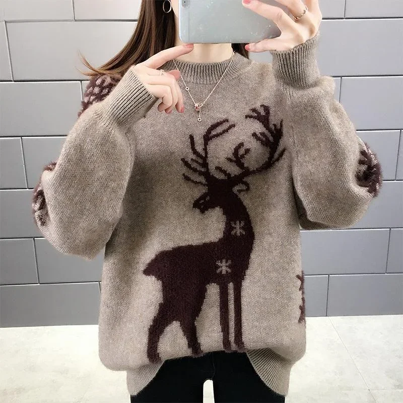 

Fawn Jacquard Knit Women Sweater Christmas Elements Loose Casual Winter Pullover Round Neck Long Sleeve Versatile Tops Women