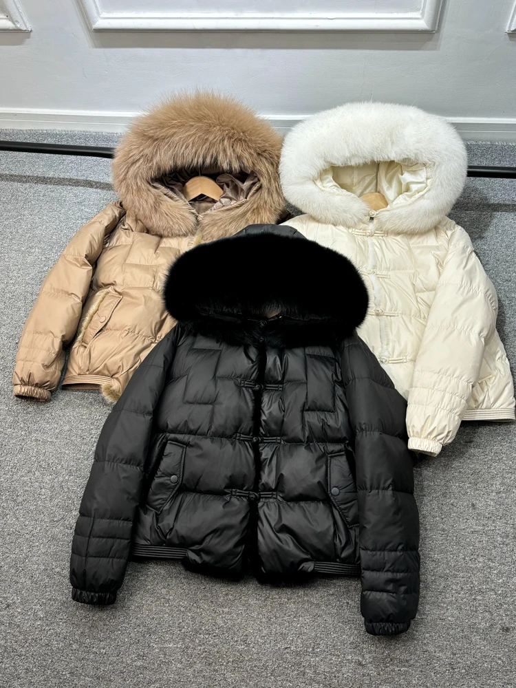 Fur Trim Puffer Coat With Fox Fur Hood Navy Down Coat With Silver