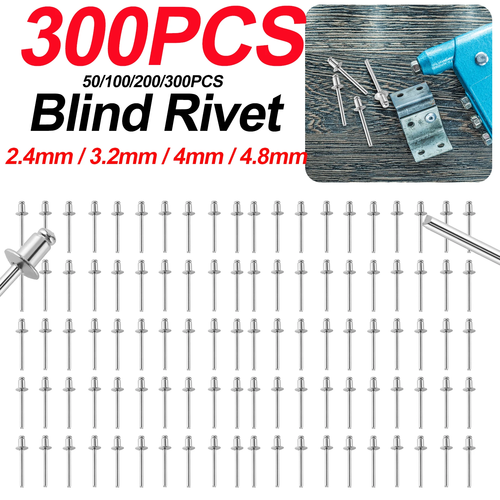 Rivets and Fasteners Rivets and Screws 300-50pcs 2.4mm/3.2mm/4mm/4.8mm 304 Aluminum Alloy Blind Rivet Pop Round Head Pull