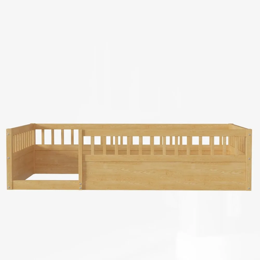 Twin Size Montessori Bed with Fence Toddler Floor Bed Frame with High Rails For Children Bedroom Toddlers Boys Girls ROOMTEC