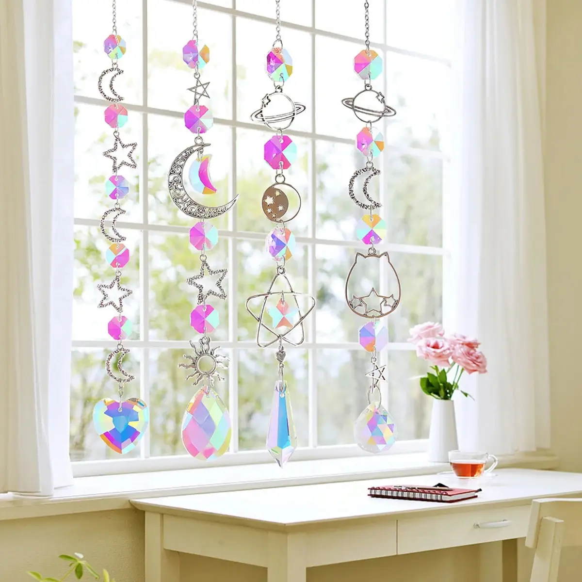Crystal Hanging Decoration 1 Pc Galaxy Stars Moon Crystal Hanging Sun Light Catcher For Outdoor Garden Home Bedroom B & B Wall AB Colour