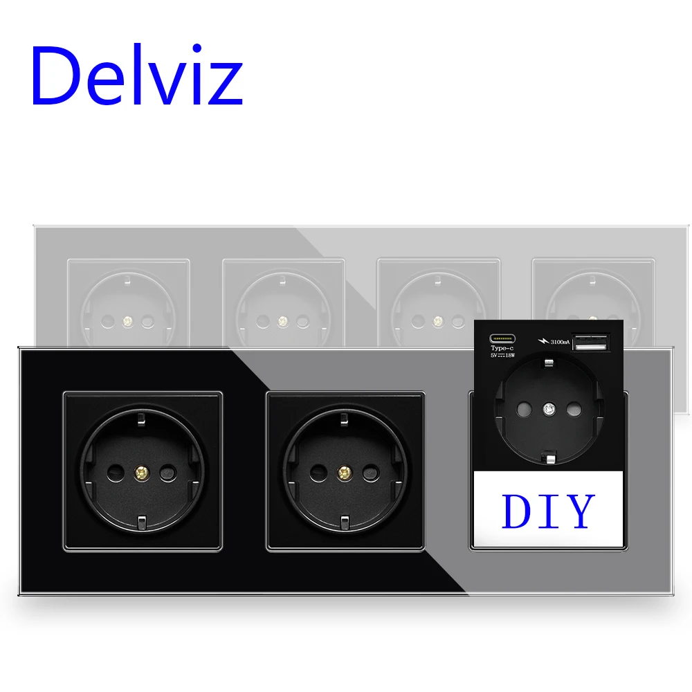 Delviz 16A Wall Power Socket, AC 110V~250V,Kitchen 3 Gang Electric plug Switch And Socket,Glass Panel, EU standard Schuko Outlet