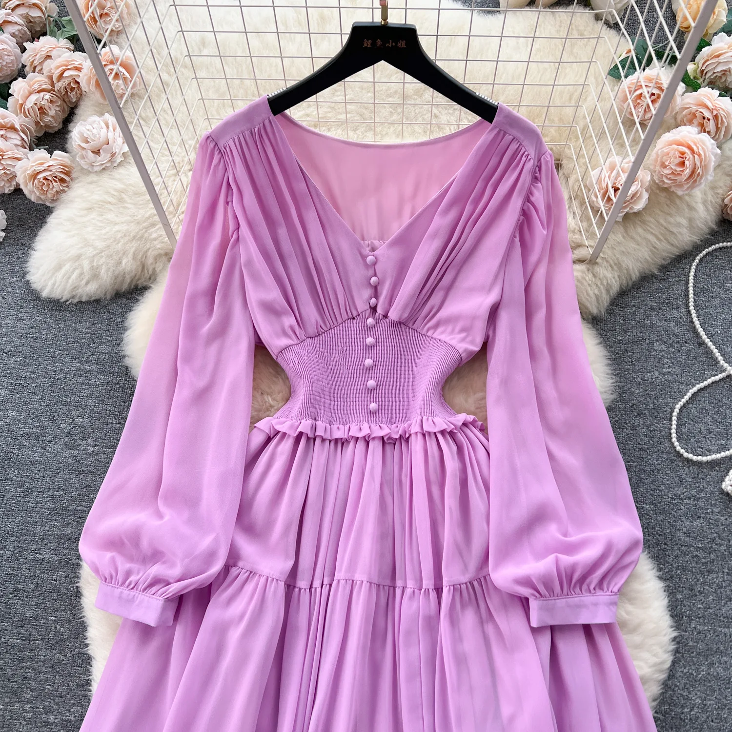 Vintage Chiffon Long Dress Women Elegant V-neck Long Sleeved Casual Dresses French Pleated Slim A-line Long Robe Vestidos