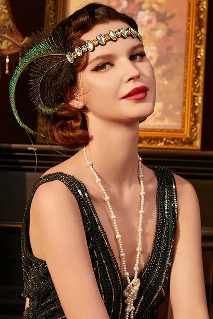 Black Feather Gatsby Headband - Retro Flapper Party Hair Fascinator With Beads