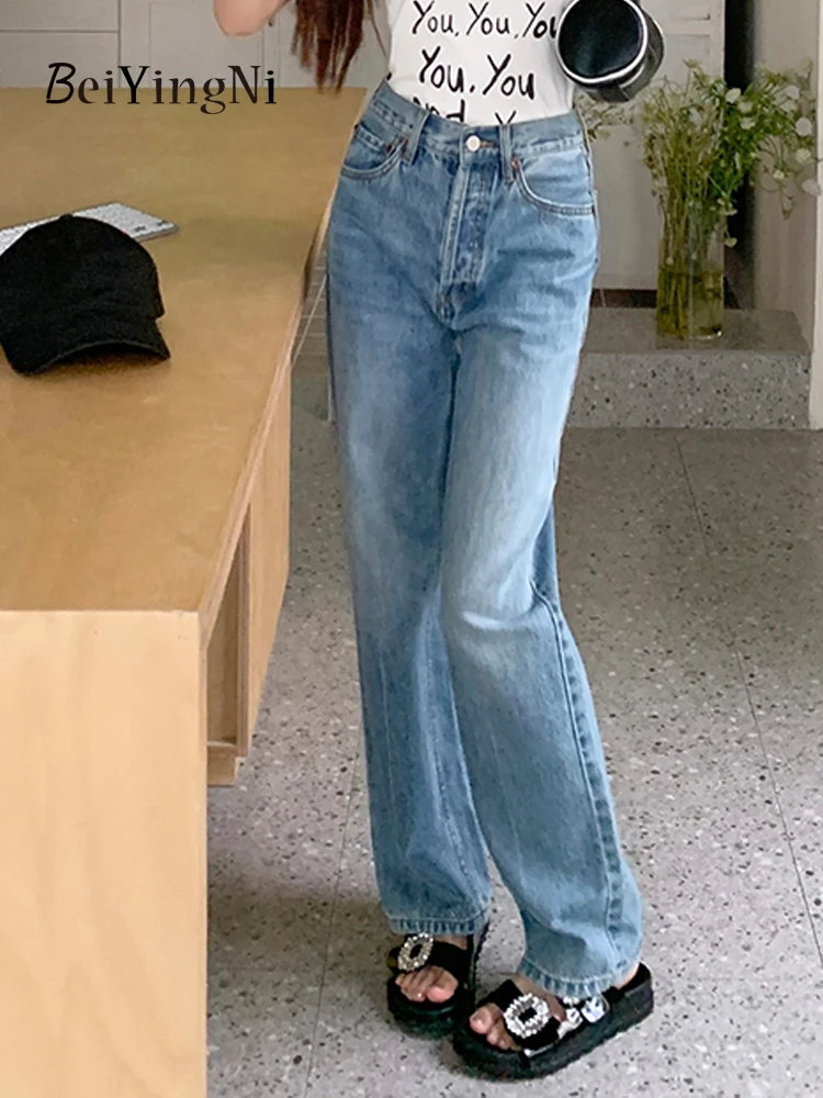 

Beiyingni Korean Fashion Casual Women Jeans Retro Loose High Waist Denim Wide Leg Pants Female Harajuku Washed BF Straight Jeans
